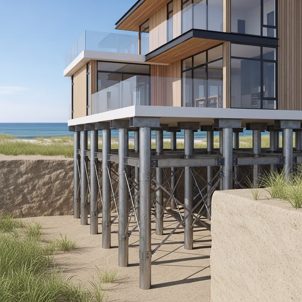 Modern beachfront house elevated on metal stilts above sandy ground, showcasing flood-resistant design with the ocean visible in the background.