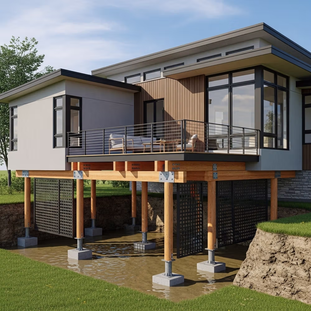 Modern flood-safe home on stilts over water, featuring a large deck and glass windows, surrounded by grass and trees—offering elegant living with built-in flood protection.