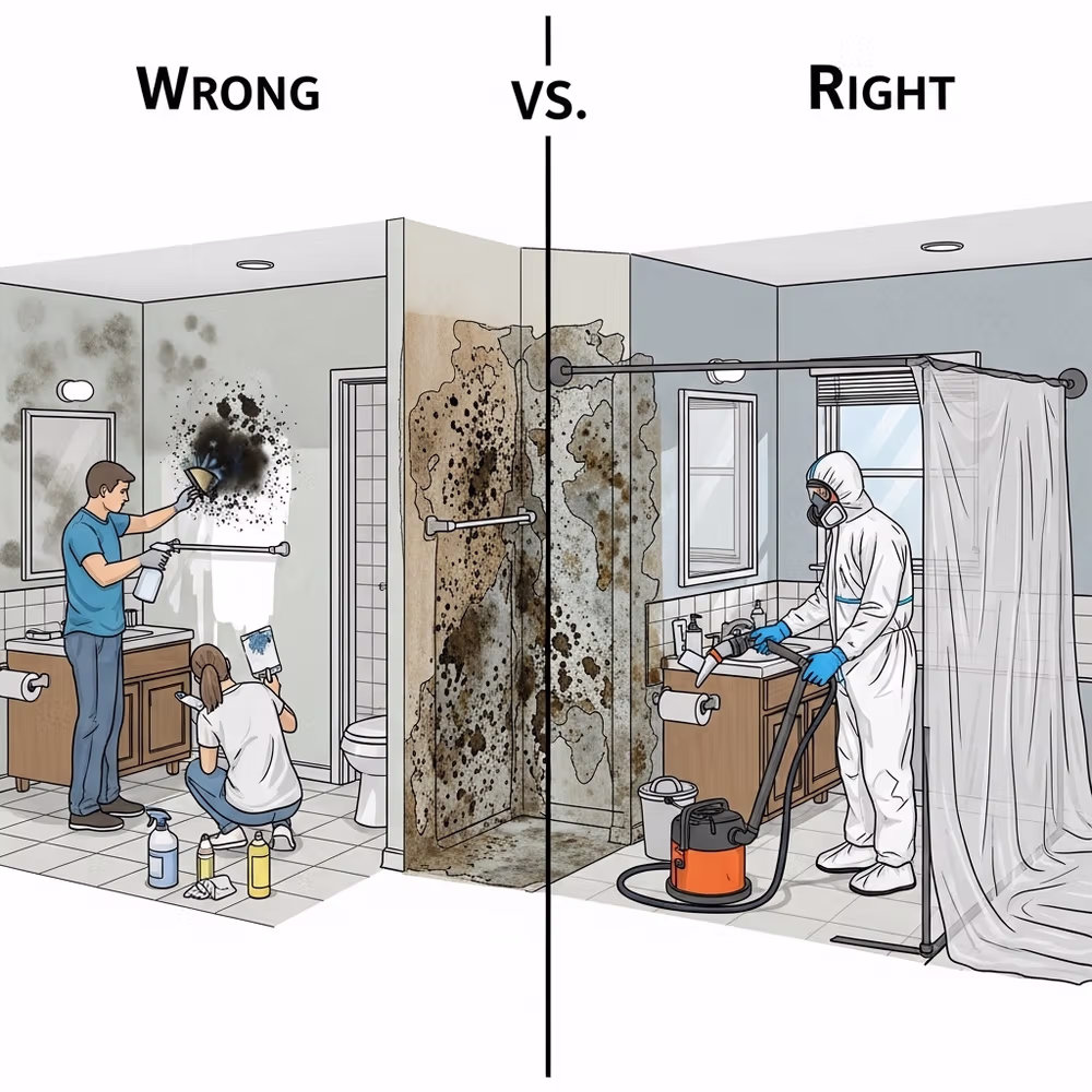 Split image: Left shows remediation mistakes during mold removal; right shows proper mold remediation with protective gear and equipment.