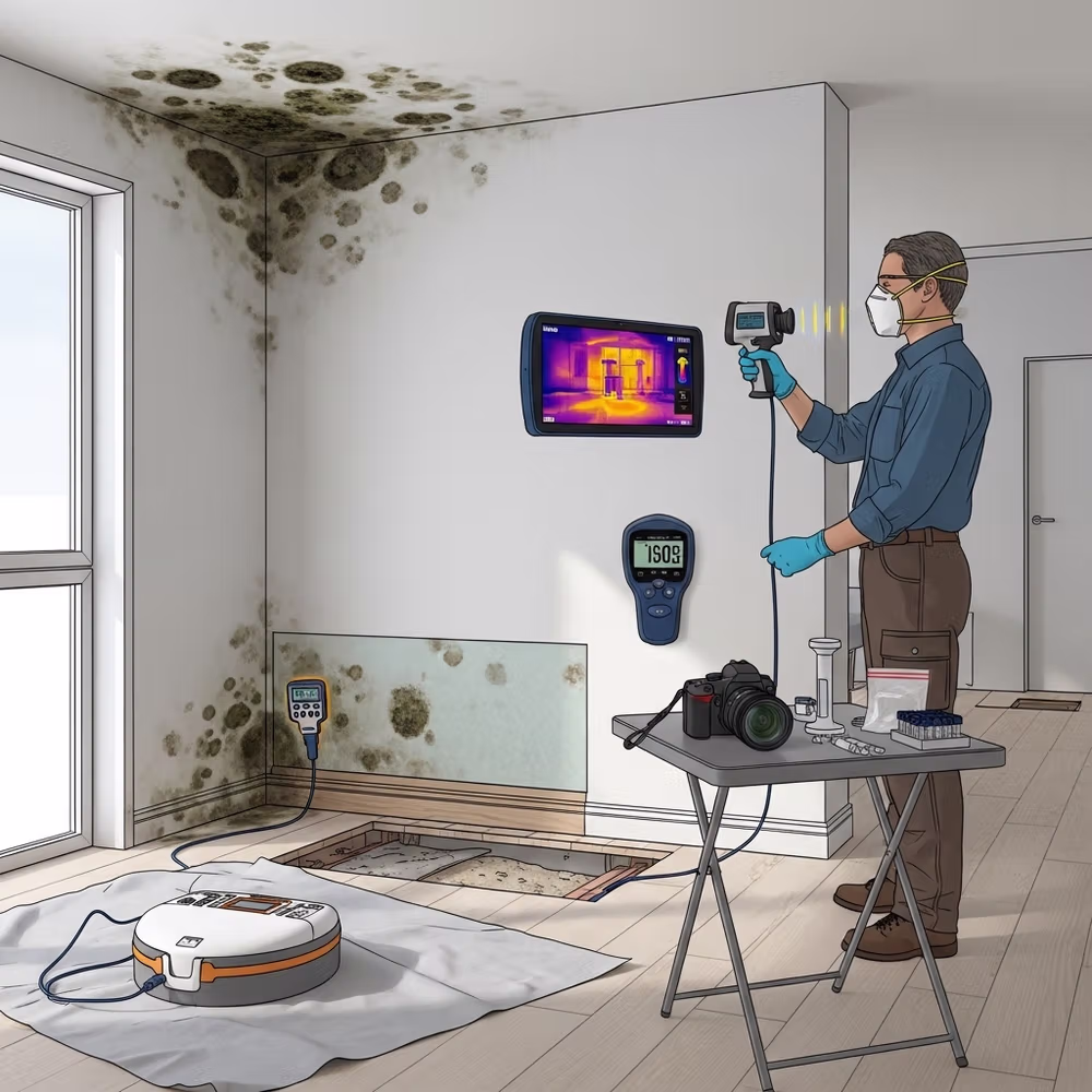 A man inspects mold on a wall using thermal and moisture detection equipment in a bright room, helping to avoid common mold remediation mistakes.