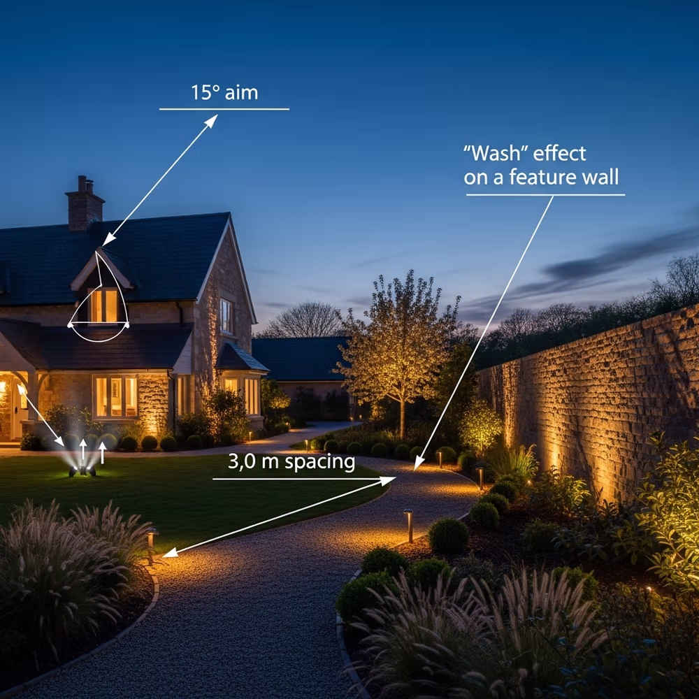 A garden at dusk shows outdoor lighting tips for outdoor areas, including 15° aim, 3m spacing, and wall wash effect to add value and highlight your architecture.