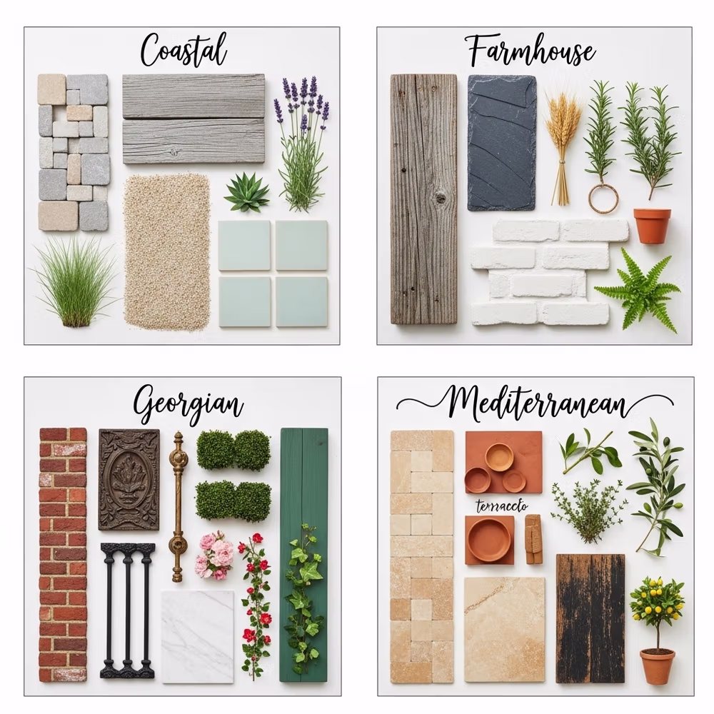 Four mood boards showcase Coastal, Farmhouse, Georgian, and Mediterranean garden styles, blending architecture and plants to add value to your outdoor areas.