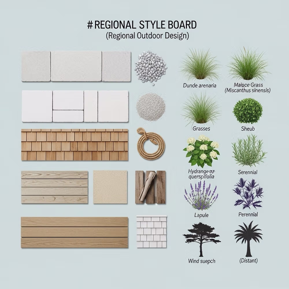 Regional outdoor design style board with plant names, wood, stone, rope, shingles, and color swatches displayed—ideal inspiration to add value to architecture and enhance outdoor areas.