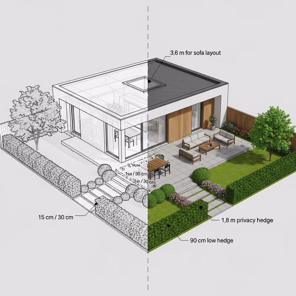 Split illustration of a modern garden design with labeled dimensions for hedges, patio, and outdoor furniture layout—perfect inspiration for outdoor areas that add value to your home’s architecture.