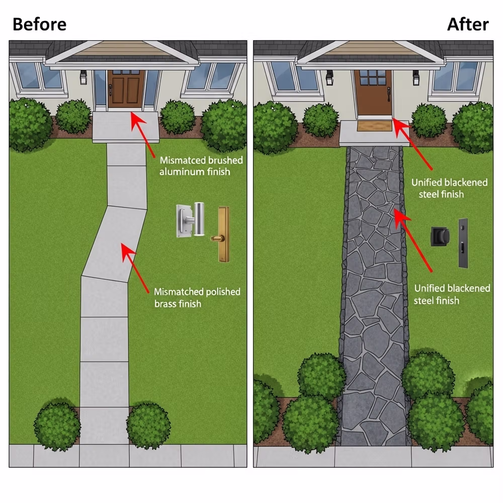 Before: mismatched finishes on door and path; After: unified blackened steel finishes and stone path that add value to outdoor areas.