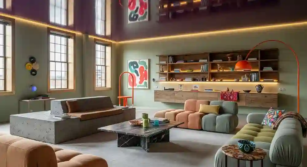 Modern living room with colorful furniture, large windows, wall art, bookshelves, and warm ambient lighting—embracing adaptive spaces and the latest interior design trends.