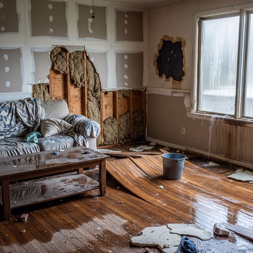 A damaged living room with exposed walls, water leaks, and debris scattered across the wet wooden floor can lead to significant water damage, ultimately affecting home values.