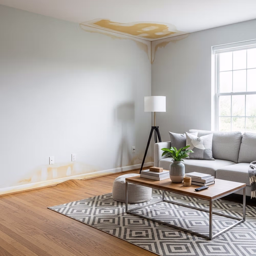 A living room with visible water damage—water stains on the wall and ceiling near a window—can negatively impact home values, even when furnished with a couch and coffee table.