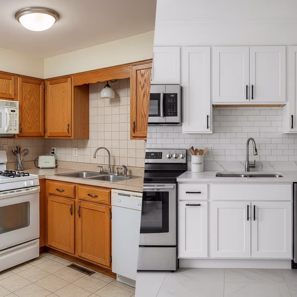 Split image of a Boca Raton home’s kitchen before and after a kitchen remodel, featuring old wood cabinets transformed into sleek new white cabinets.