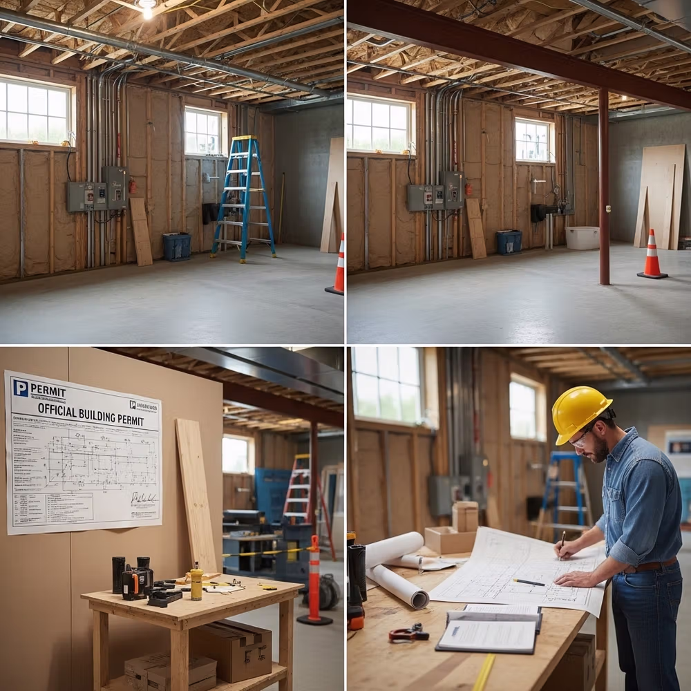 Unfinished basement renovation in the planning phase, with tools scattered about and a worker in a hard hat reviewing construction plans and permits.