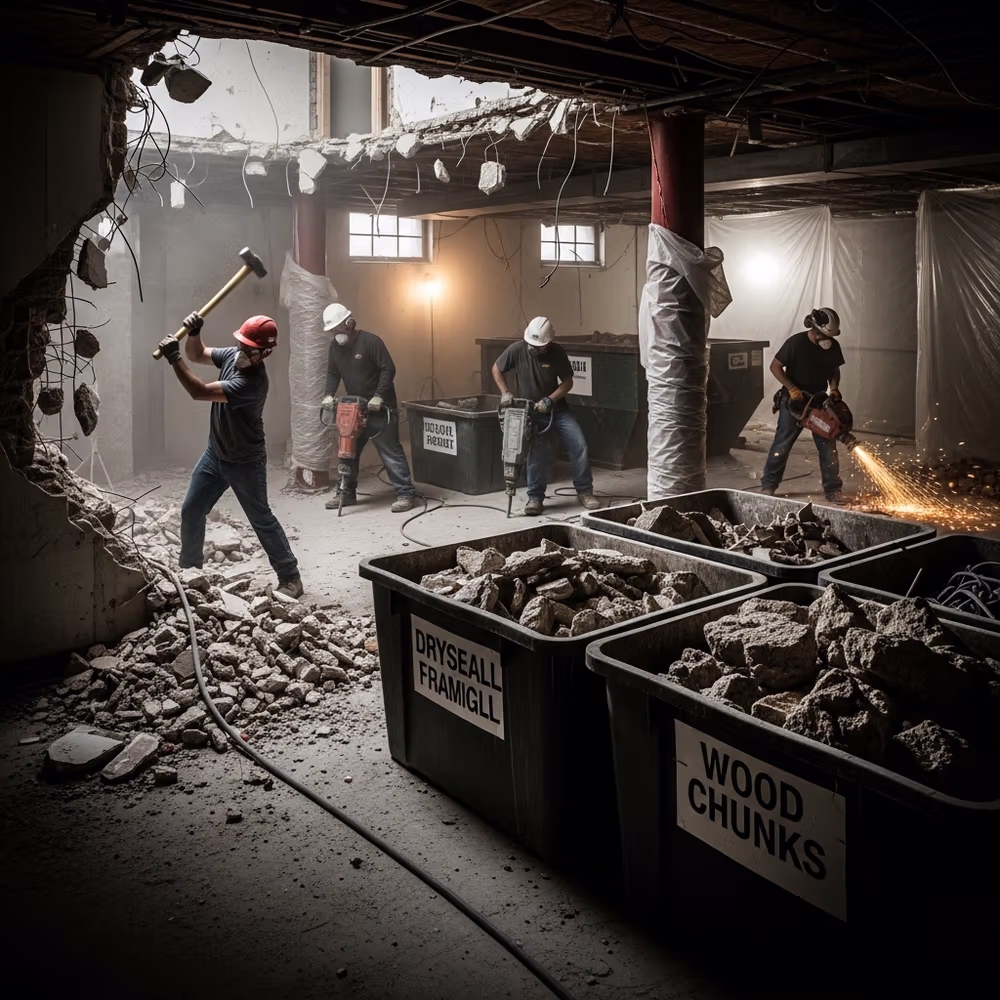 Workers demolishing an interior wall during a basement renovation, carefully sorting debris into bins labeled drywall and wood chunks—a crucial step in the planning phase.