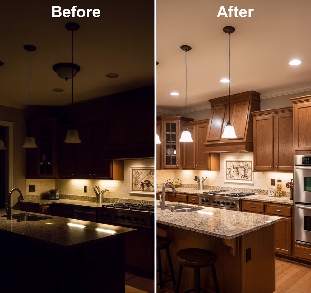 Split view of a kitchen remodel in a Boca Raton home, highlighting dim lighting on the left and a bright, well-lit space on the right—perfect for those looking to sell fast.