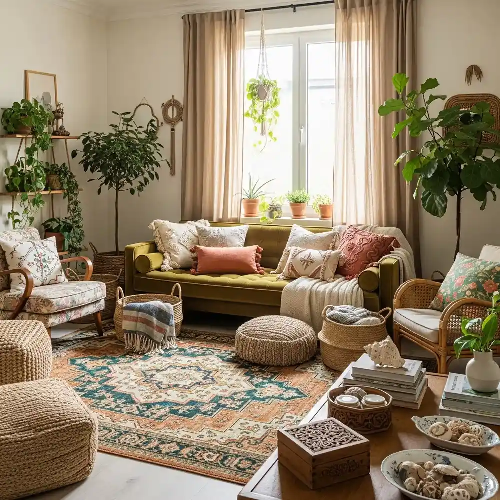 Cozy living room with plants, patterned rug, green sofa, rattan poufs, and sunlight streaming through curtains—perfect for lovers of Bohemian interior design.
