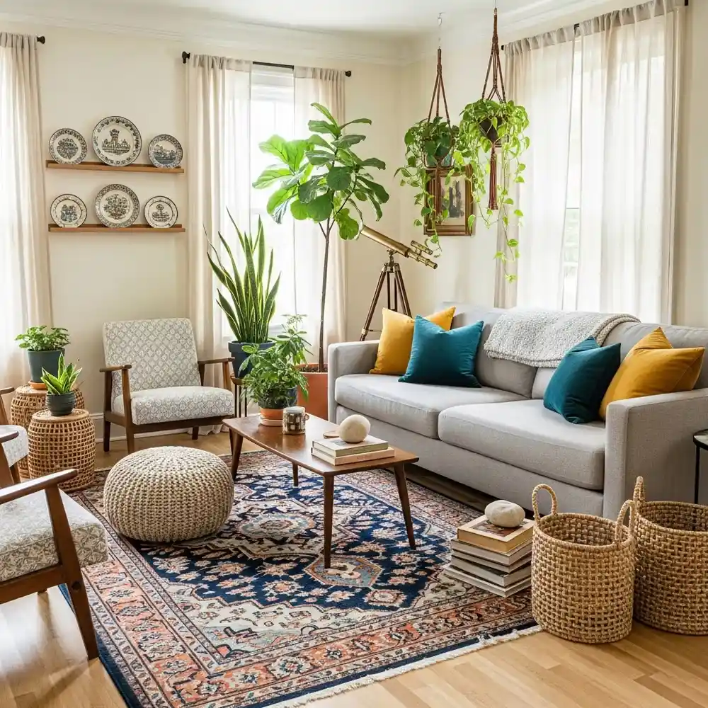Bright living room with plants, patterned rug, gray sofa, colorful pillows, and natural light from windows creates a cozy Bohemian interior design perfect for stylish home decor.