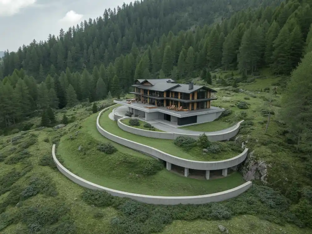 Modern house with curved terraces on a green hillside surrounded by dense pine trees, showcasing site-responsive architecture that blends seamlessly with the forest landscape.