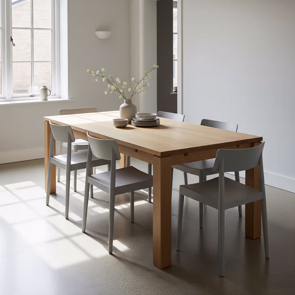 Minimalist dining room featuring the perfect dining table—a wooden centerpiece surrounded by six gray chairs and a vase of flowers by a sunlit window.