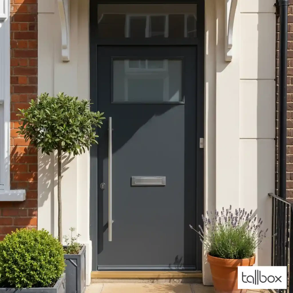 Modern gray front door with a large handle, surrounded by potted plants and a brick wall—a stylish choice reflecting 2025 Door Trends for elegant entrance doors.