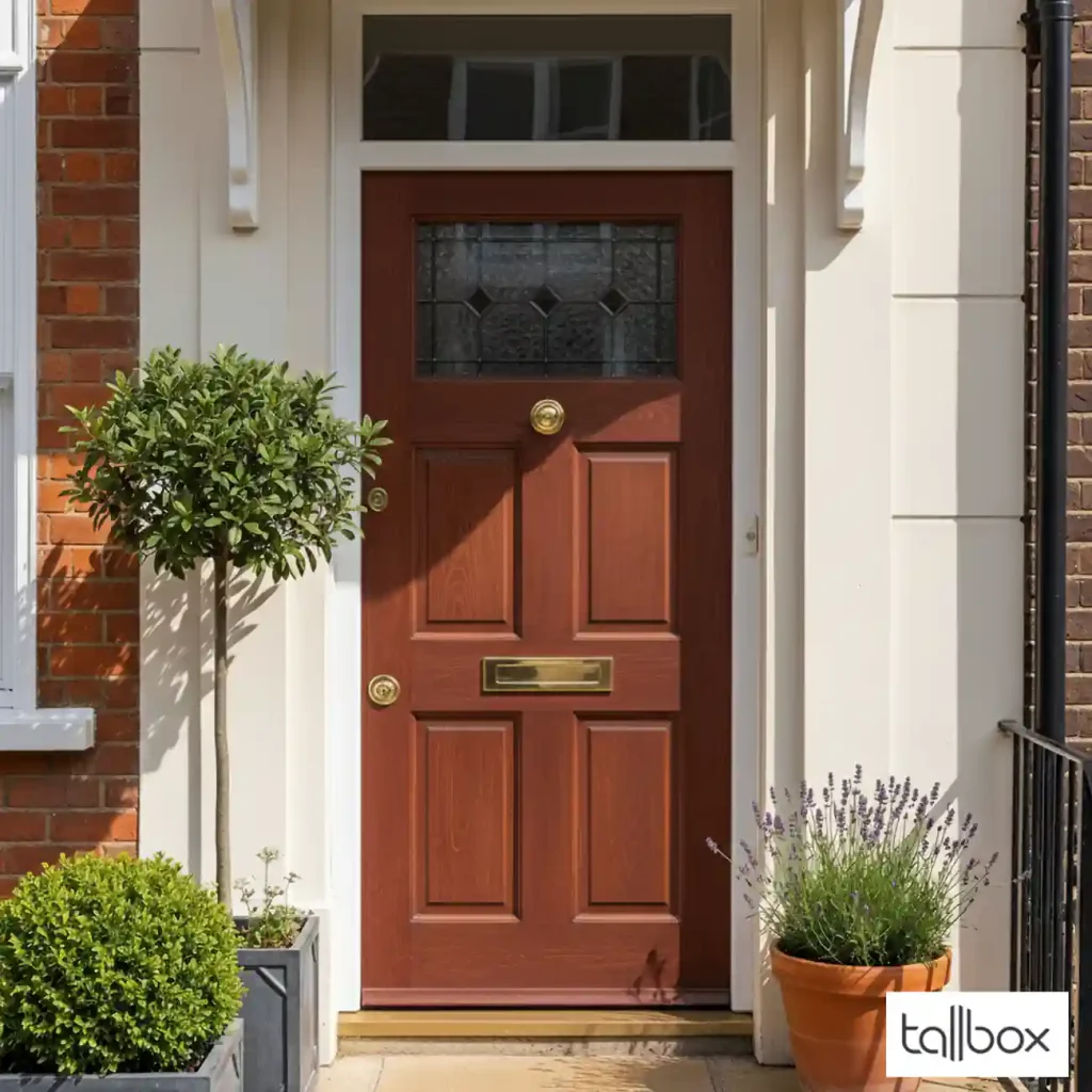 Red wooden front door with brass fixtures, potted plants on both sides, and a tallbox logo in the corner—showcasing one of 2025’s trending doors for stylish entrance doors.