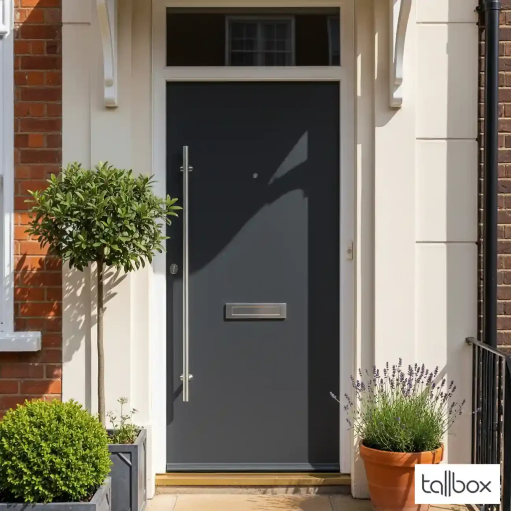 Modern gray entrance door with a silver handle, surrounded by potted plants and a brick exterior—perfect for those seeking trending doors in 2025.