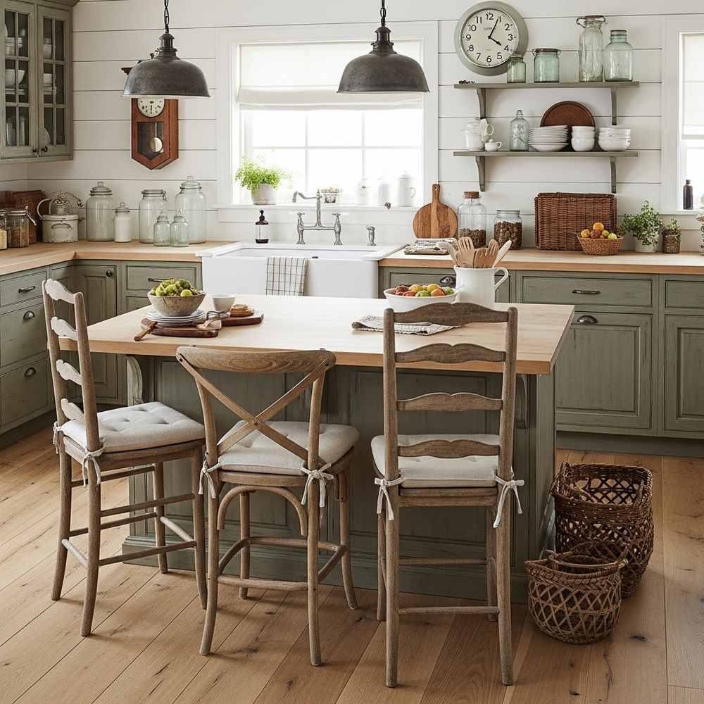 Cozy farmhouse kitchen with a wooden island, rustic bar chairs, open shelves, and vintage decor accents create the perfect inviting space.