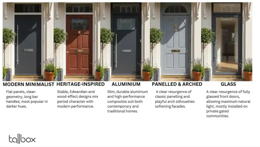 Four different front doors, each representing a distinct modern architectural style and color, with plants beside them—showcasing Trending Entrance Doors for 2025.