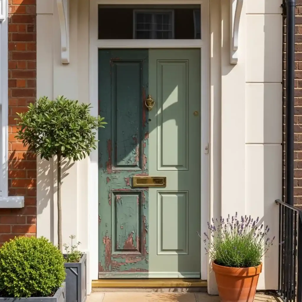 A green front door with peeling paint, flanked by potted plants and a brass mail slot and knocker—showcasing the charm of trending entrance doors 2025.
