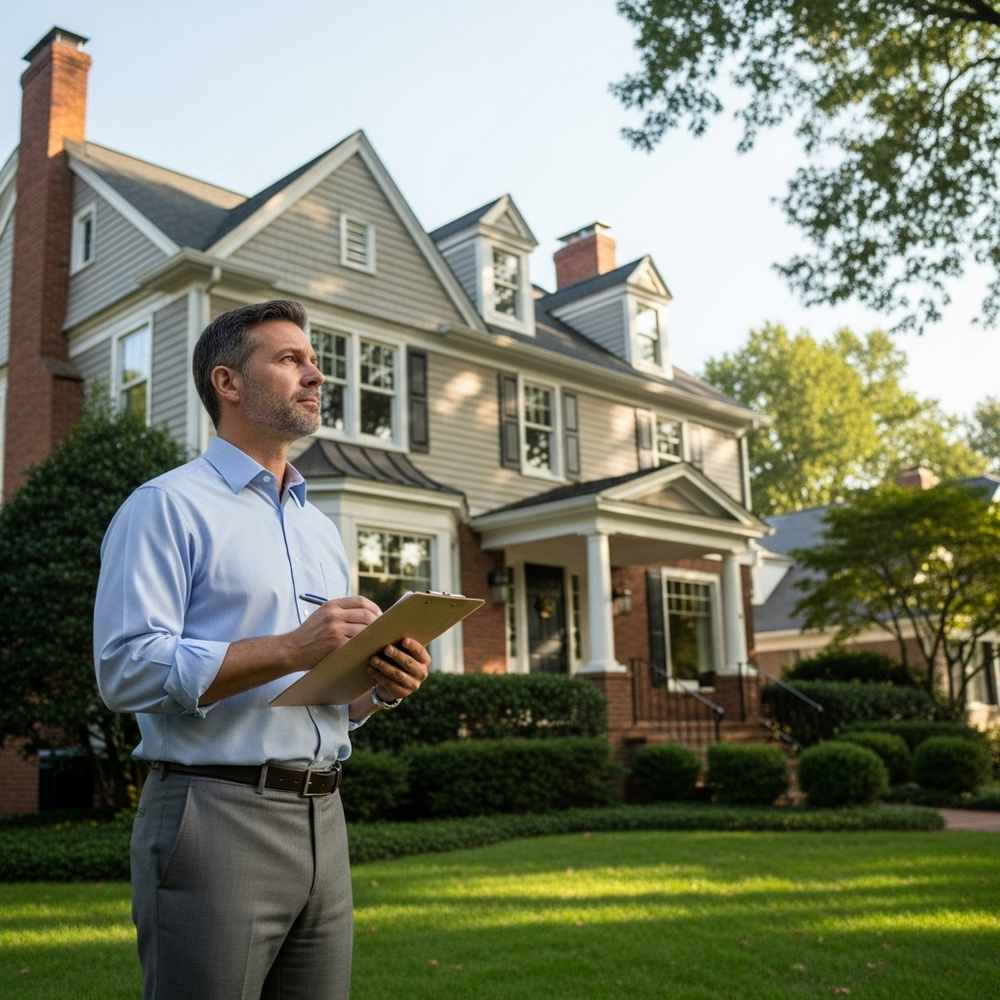 A man with a clipboard conducts a lender inspection in front of a large suburban house with a well-kept lawn.