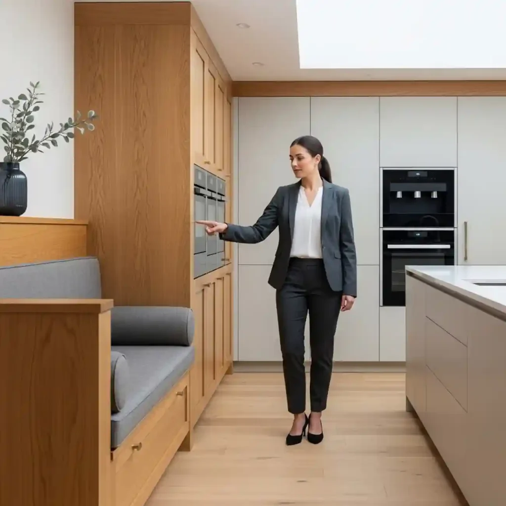 A woman in a suit stands in a modern kitchen with custom joinery, pressing a button on a built-in oven.