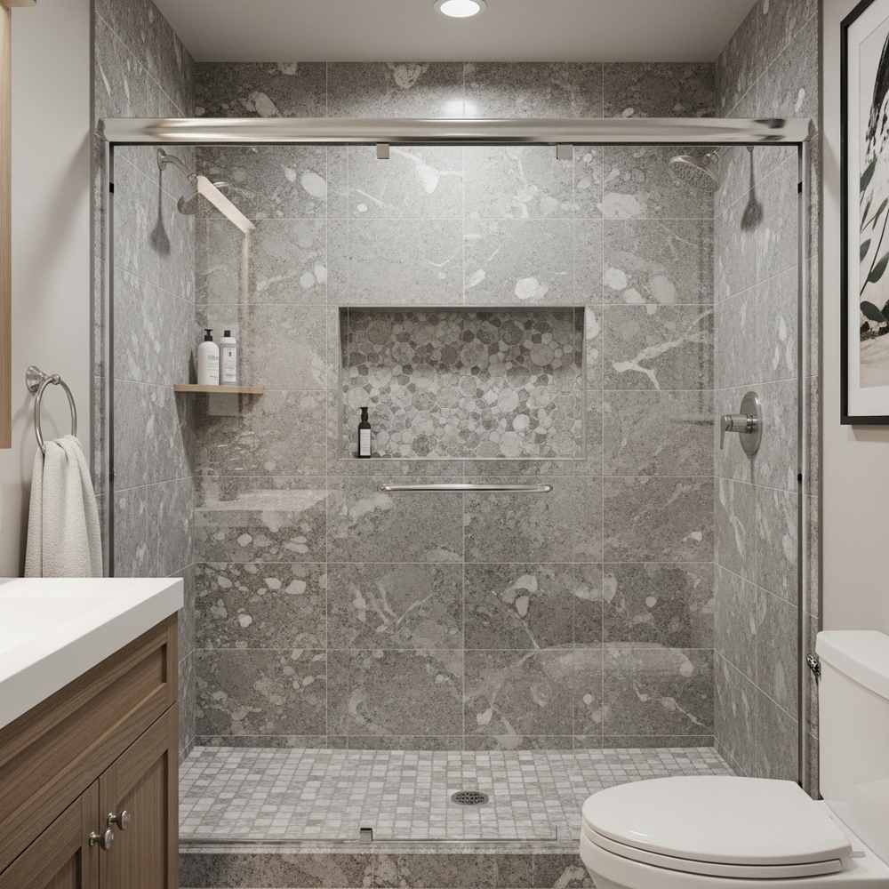 Modern bathroom with gray natural stone shower, glass doors, built-in shelves, and white fixtures—showcasing one of the best stone for bathrooms options in contemporary design.