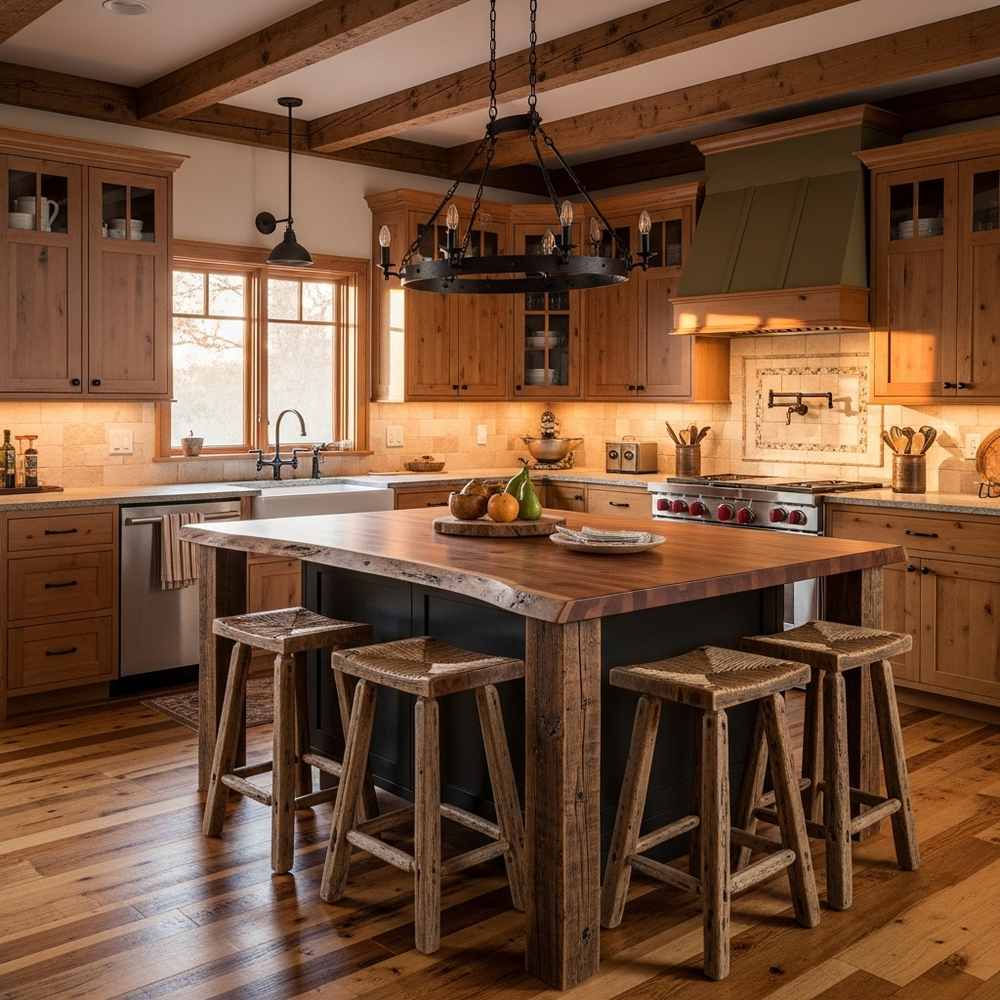 Rustic kitchen with wood cabinets, a large island, select bar chairs, exposed beams, and warm lighting.