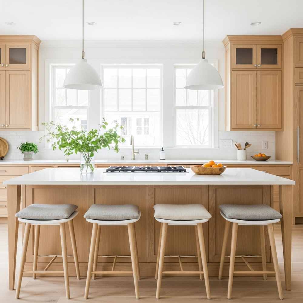 Modern kitchen with light wood cabinets, a sleek white island, bar chairs, and large windows that fill the space with natural light.