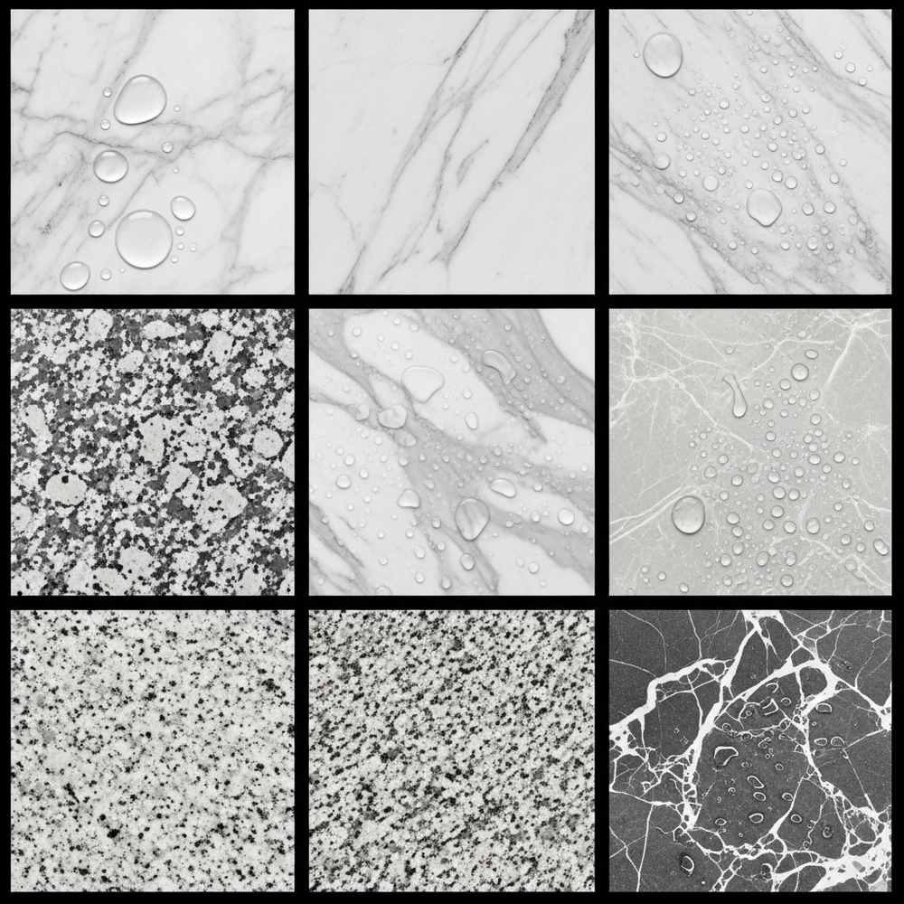 Grid of nine stone surfaces, some with water droplets, showcasing Natural Stone textures—perfect for exploring the Best Stone for Bathrooms and various Bathroom Stone Types.