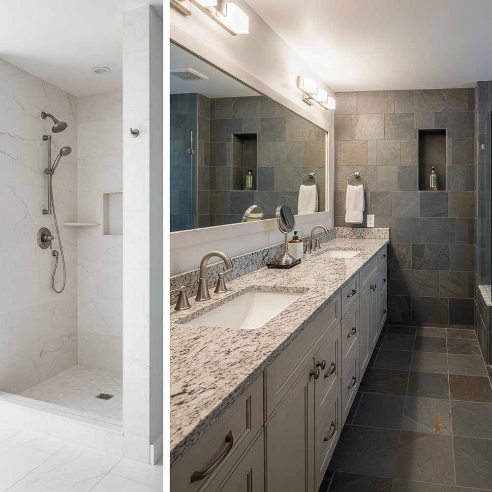 Modern bathroom with double sinks, granite countertop—the best stone for bathrooms—and a walk-in shower defined by striking dark and light tile walls, creating stylish, functional bathroom zones.