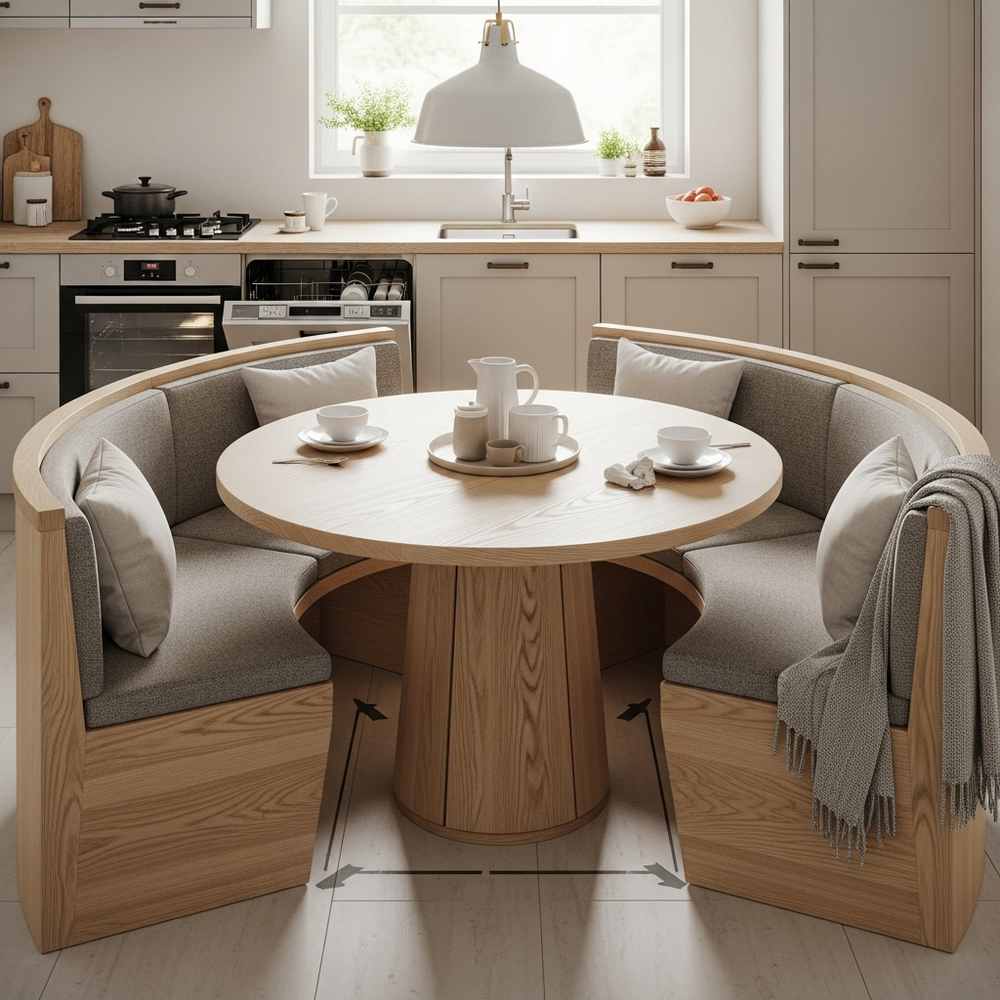Modern wooden breakfast nook with a round dining table, gray cushions, and tea set, seamlessly fitting into a bright small kitchen for perfect kitchen integration.