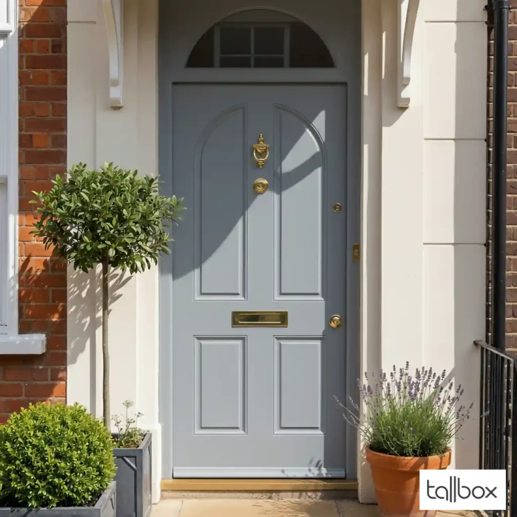 Pale blue entrance door with gold hardware, potted plants on either side, and a brick wall to the left—perfect inspiration for trending doors in 2025.