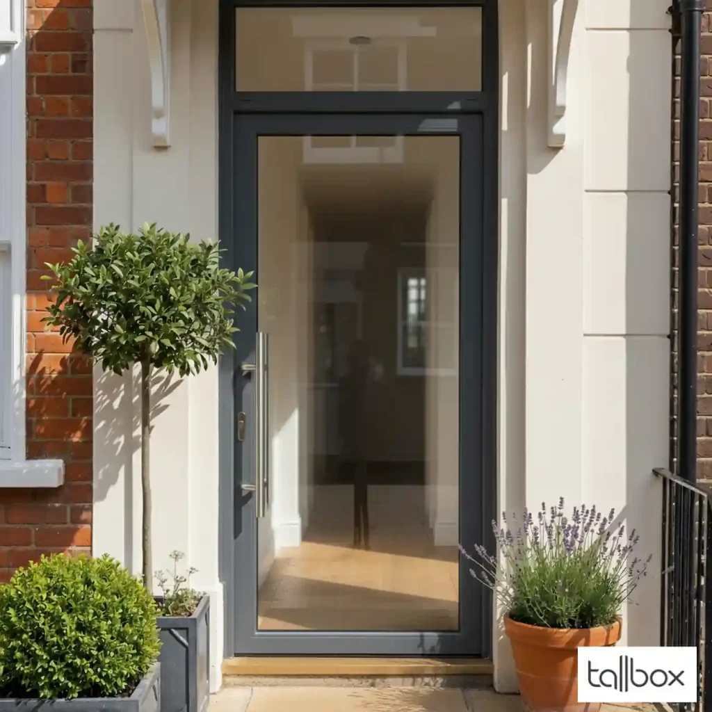 Modern glass front door with potted plants on either side, reflecting a sunny exterior—an ideal choice for those seeking Trending Entrance Doors for 2025.