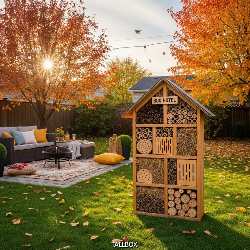 A wooden bug hotel stands in a colorful autumn backyard with outdoor seating and trees, offering a charming, budget-friendly project for creative fall backyard upgrades.