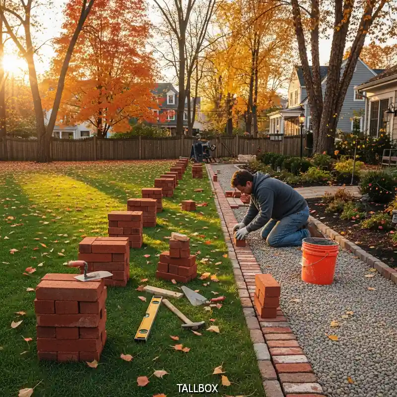 A man kneels by a garden path, laying bricks for a budget-friendly backyard upgrade, with autumn trees and houses in the background.