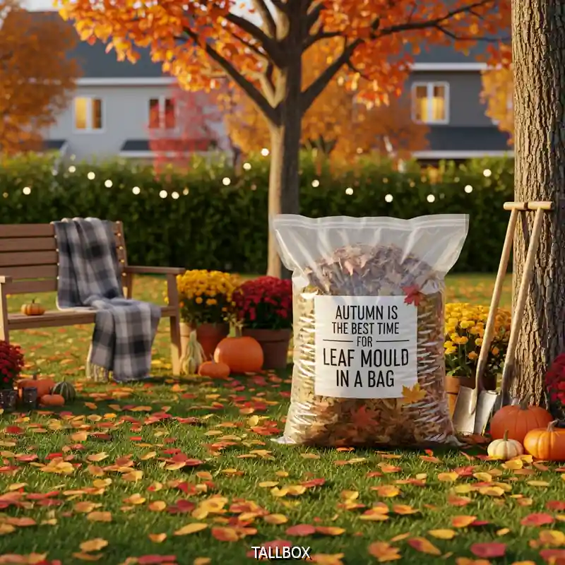 A bag of autumn leaves on grass in a park, with a sign that reads "Autumn is the best time for leaf mould in a bag"—a perfect example of budget-friendly projects for low-waste backyard upgrades.