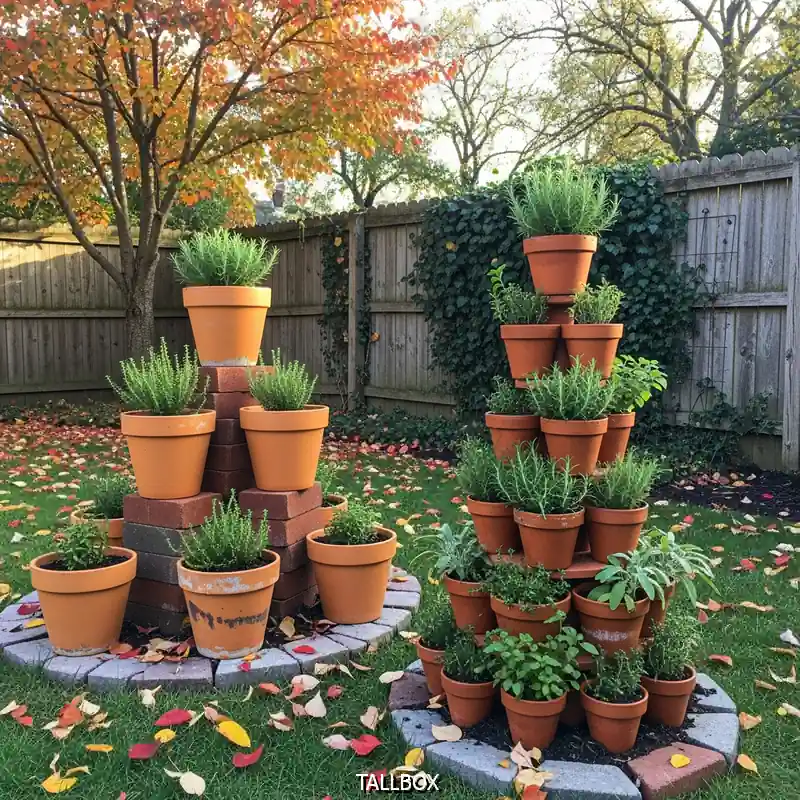 Two stacked arrangements of potted herbs add budget-friendly charm to a backyard garden, framed by autumn trees and a wooden fence.