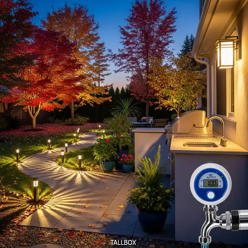 A backyard patio with autumn trees, garden lights, and an outdoor kitchen with a digital water timer—perfect for fall backyard upgrades and budget-friendly projects.