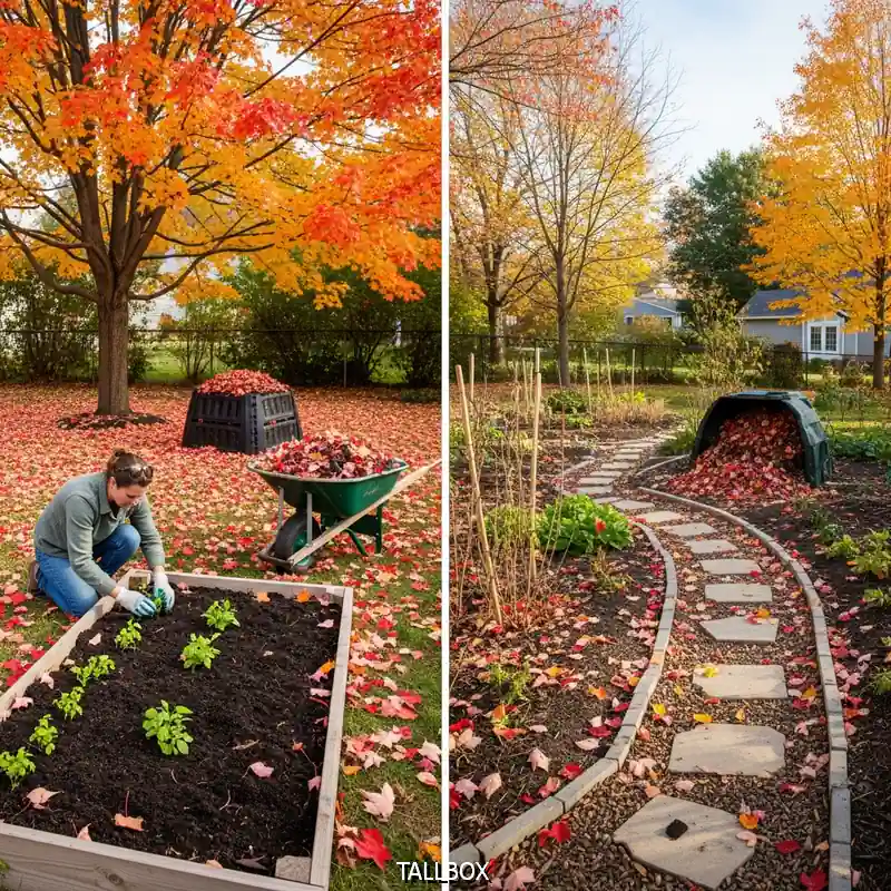 Person gardening in a raised bed along a garden path, surrounded by vibrant fall colors—showcasing budget-friendly Fall backyard upgrades with autumn leaves adding charm.