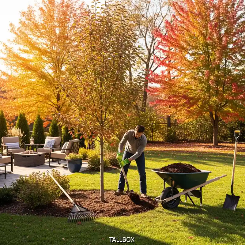 A person planting a tree in a garden surrounded by autumn trees and patio furniture, showcasing budget-friendly projects perfect for Fall backyard upgrades.