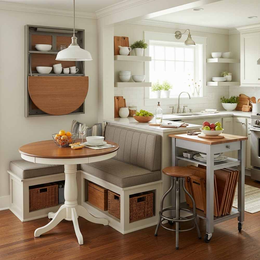Cozy small kitchen nook with a round dining table, built-in bench seating, and storage baskets integrated under a bright window.