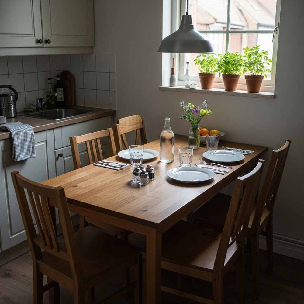 A wooden dining table is set for four in a cozy, sunlit small kitchen, with potted plants integrated along the window ledge.