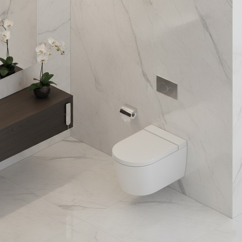 Modern bathroom featuring a smart toilet, marble walls and floor, elegant orchids, and a sleek toilet paper holder.