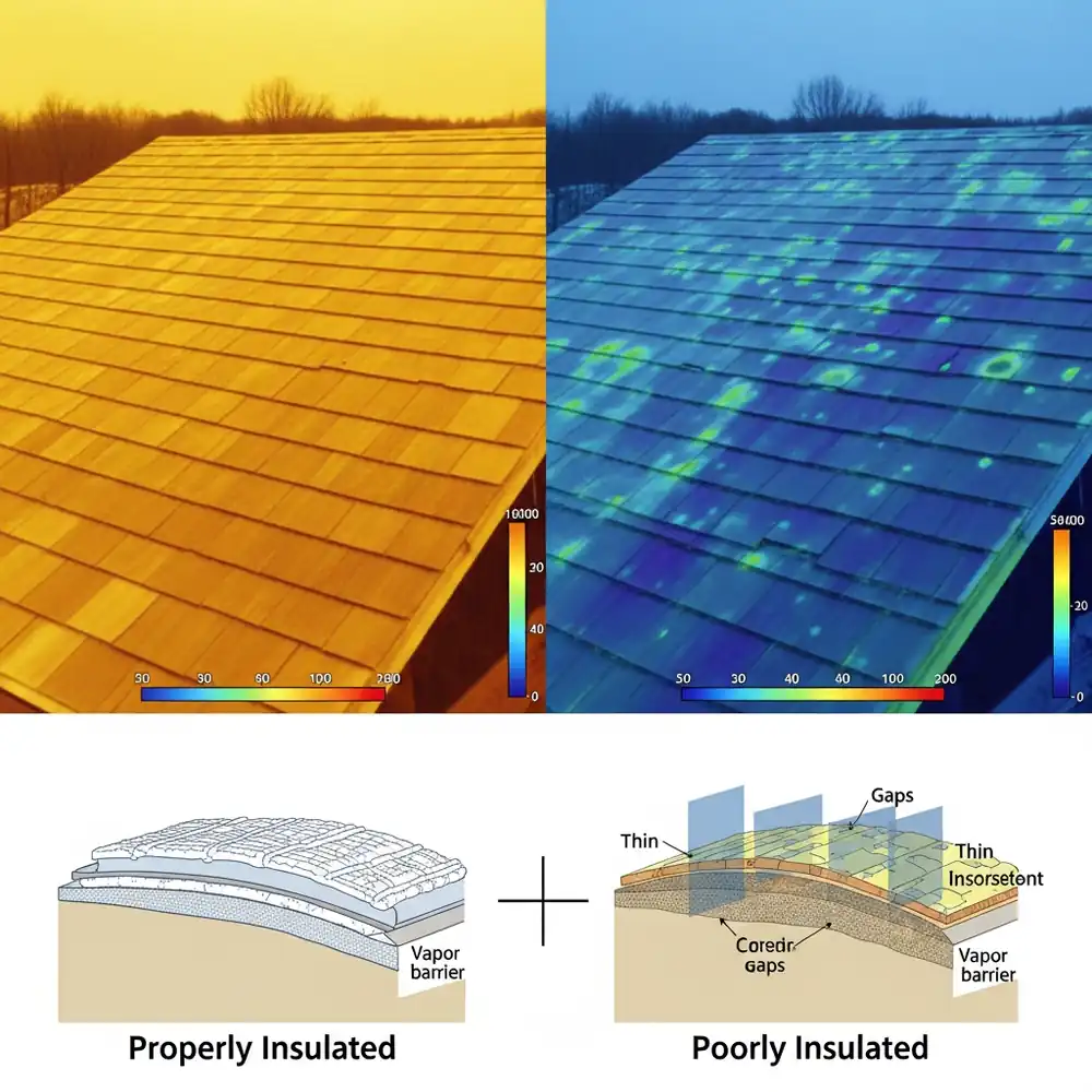 A thermal image compares a well-insulated roof (left) with a poorly insulated roof (right), highlighting common pole barn disadvantages and their diagrams.