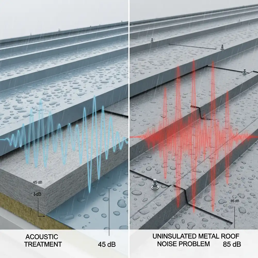 Split image of metal roofs in rain: left shows a modern pole barn with acoustic treatment, quiet at 45dB; right, without treatment, is loud at 85dB.