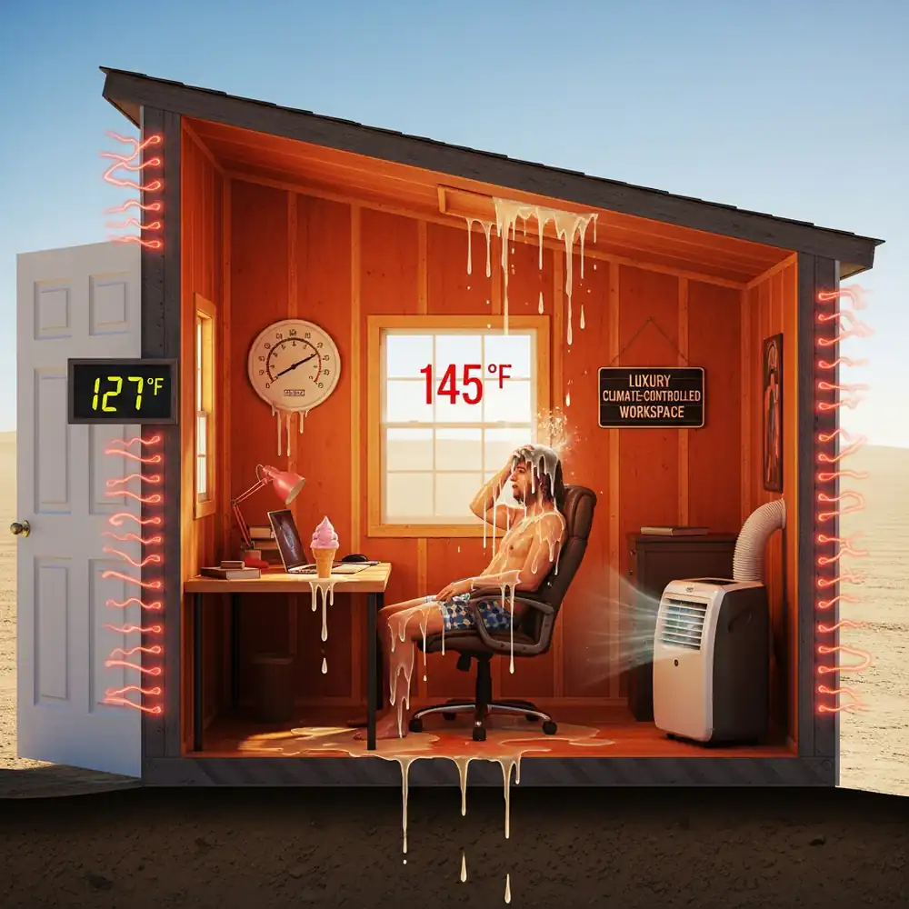 A man sweats in a melting office at 145°F, with a desk fan, thermometer, and air conditioner running—highlighting the limitations of indoor cooling uses compared to shelter sheds in extreme heat.