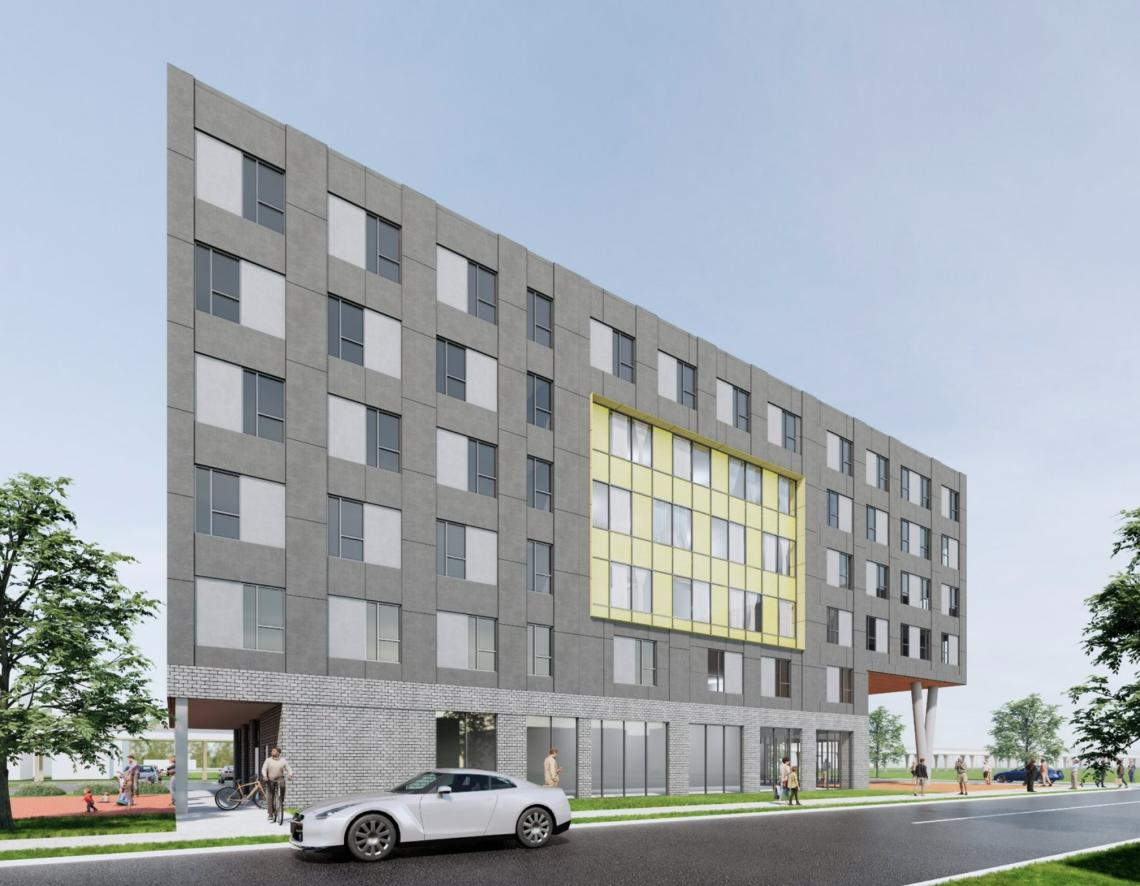 Moody Nolan rendering of the proposed six-storey Abrams Intergenerational Village in Washington Park, Chicago